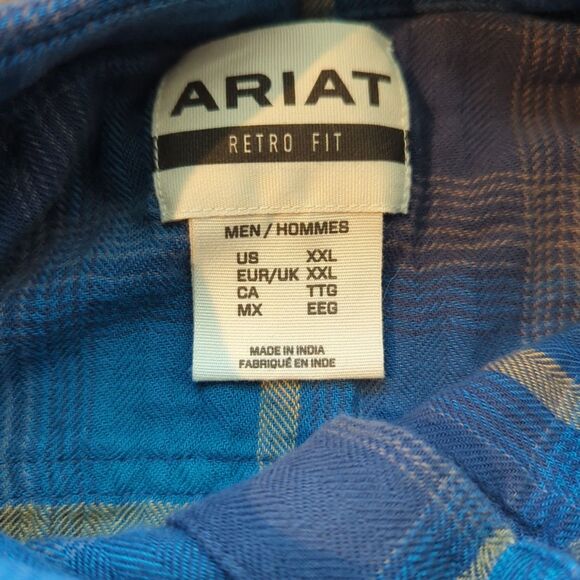 Ariat Retro Fit Pearl Snap Harland Shirt Mens XXL Blue Tan Plaid Western - Picture 5 of 9